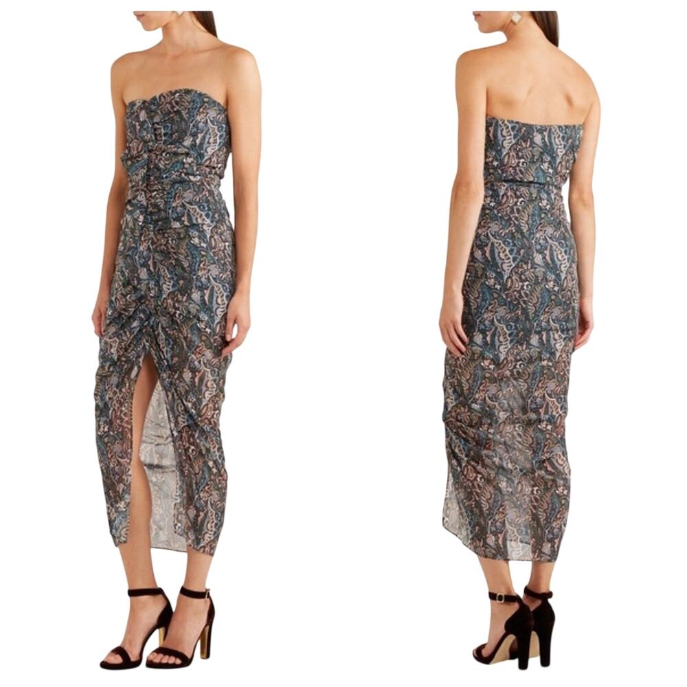 Veronica Beard Payton Silk Strapless Green Floral Dress, Midi Sheer Cocktail, 8